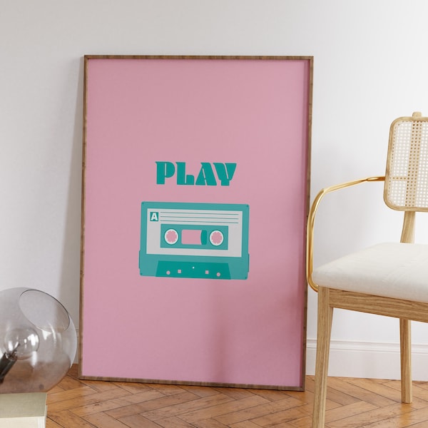 Cassette Tape Wall Art, Play Music Quote, Retro Poster, Digital Download Print, Pink and Turquoise Decor, Downloadable Print