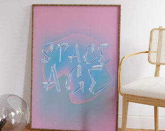 Space Age Digital Download, Pastel Holographic Poster, Glass Letters Poster, Printable Wall Art, Abstract Shapes Prints