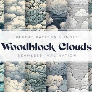 May include: A set of four seamless patterns featuring woodblock-style illustrations of clouds in various shades of blue and white. The patterns are titled "Woodblock Clouds" and are described as "Repeat Pattern Bundle Seamless Imagination".