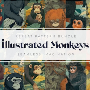 May include: A seamless pattern bundle featuring illustrated monkeys in various poses and colors. The pattern is perfect for creating unique and fun designs for fabric, wallpaper, and other creative projects.