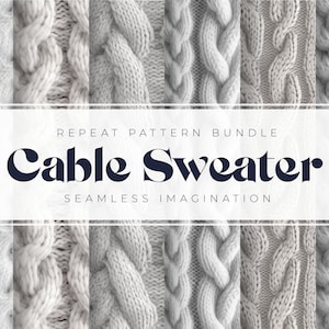 Pode incluir: Um close-up de um tecido de malha de cabo branco. O texto "REPEAT PATTERN BUNDLE Cable Sweater SEAMLESS IMAGINATION" está em um retângulo branco no centro da imagem.