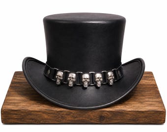 Handmade Black Leather Hat Skull Band Top Hat Genuine Cowhide Gothic Steampunk Festival Hat Biker Rocker Alternative Fashion Gift for Men