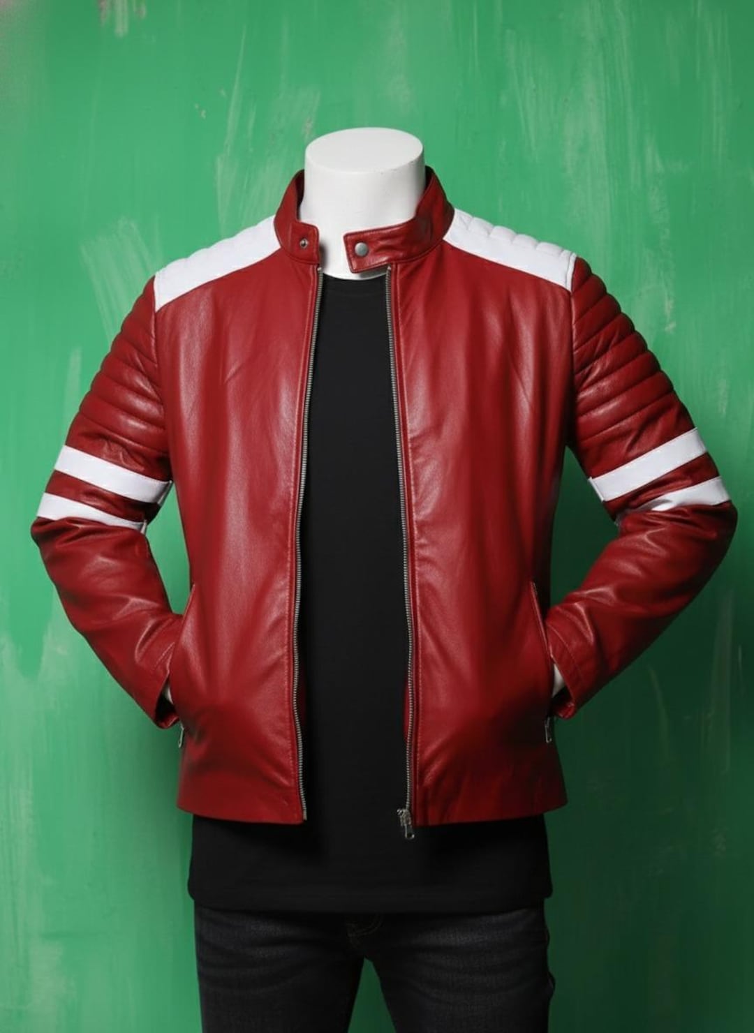 Handmade Men's Red Leather Biker Jacket With White Stripes Vintage
