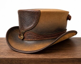 Handmade Two Tone Brown Leather Top Hat Zipper Accent Steampunk Hat Cyberpunk Gothic Festival Headwear Unique Unisex Gift