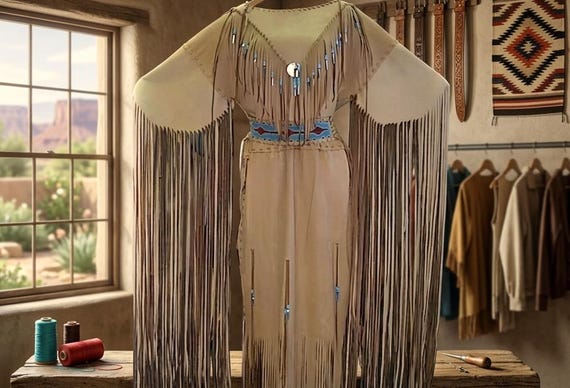 beaded buckskin dress Native American Style Fringe Western Suede Boho Maxi Indigenous Inspired Outfit Powwow Regalia Plains Indian Style Color:VICTORIAN LILAC Polyester * Handmade Beaded x-sibling-handle:wave-gown-pastel-pink Custom Light Blue and