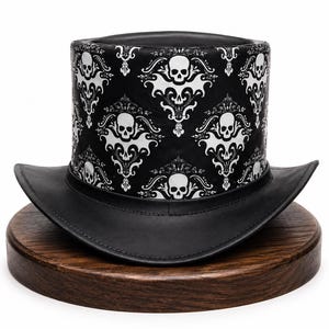 Handgefertigter gotischer Totenkopf-Zylinder aus Leder, schwarz-weißer Damast, Steampunk-Hut, Halloween-Piratenkostüm, Festival-Cosplay-Geschenk