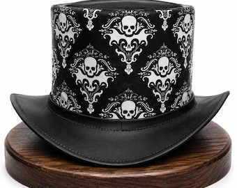 Handmade Gothic Skull Leather Top Hat Black White Damask Steampunk Hat Halloween Pirate Costume Festival Cosplay Gift