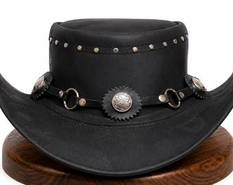 Handmade Black Leather Cowboy Hat Studded Concho Western Hat Wide Brim Rodeo Festival Wear Biker Hat Unique Gift for Him