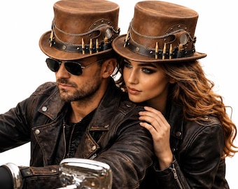 Brown Leather Steampunk Top Hat Handmade Leather Costume Hat Gothic Victorian Festival Hat Renaissance Biker Gear Gift for Men Women