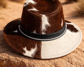 Handmade Tricolor Leather Hat Cowhide Fedora Hat Genuine Hair on Hide Cow Hair Hat   Luxury Cowgirl Fedora Unique Cowhide Leather Hat