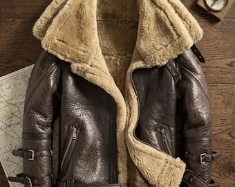Mens Sheepskin Leather B3 Bomber Jacket RAF Aviator Double Collar  Pilot Coat Distressed Shearling Fur Winter Flight Jacket