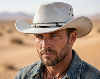 White Wide Brim Leather Cowboy Hat Cowhide Outback Hat Western Cowboy Hat with Braided Band Mens Womens Outback Hat Handmade Leather Hat