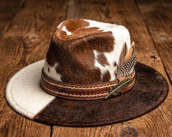 Cowhide Fedora Hat Genuine Cow Hair Hat Western Cowboy Hat with Feather Leather Accent Handcrafted Leather Hat Band Cow Hair Hat