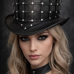 Handgemachter Schwarzer Leder Hut Gothic Nieten Käfig Steampunk Viktorian Cosplay Kostüm Hut Biker Rocker Punk unisex Hut Muster