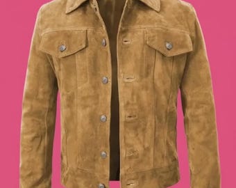 Vintage cowleather suède tracker jacket Vintage Trucker Leather Suede Jacket Men - Handmade Denim