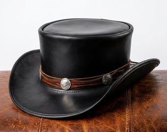 Black Leather Cowboy Hat Buffalo Concho Western Hat Band Gothic Steampunk Biker Gear Handcrafted Artisan Hat Festival Headwear Outlaw Style