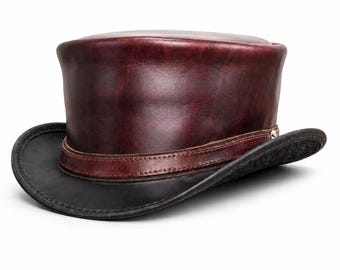 Handcrafted Oxblood Black Leather Top Hat Steampunk Victorian Hat Gothic Wedding Headwear Rocker Cosplay Style Unique Gift