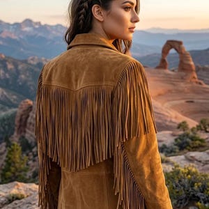 Women's Western Handmade Suede Fringe Jacket Tan Brown Vintage Cowgirl Leather Coat Retro Western Wear Retro Boho Cowgirl Style