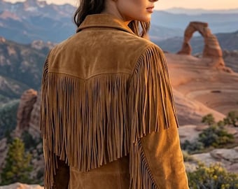 Women's Western Handmade Suede Fringe Jacket Tan Brown Vintage Cowgirl Leather Coat Retro Western Wear Retro Boho Cowgirl Style