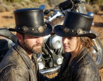 Black Leather Top Hat Antique Concho Western Hat Steampunk Biker Gear Handcrafted Artisan Headwear Biking hat Gothic top hat Mad hatter hat