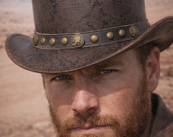 Brown Snakeskin Leather Top Hat Buffalo Concho Western Hat Exotic Embossed Leather Steampunk Gear Handcrafted Outlaw Hat Unique Biker Gift