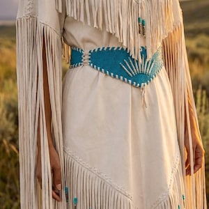 leather indian dress Handmade Antique Plains Inidan Leather Fringe Dress with Beaded Belt: Native Women's Traditional Powwow Dress, Cherokee Indian Wedding Dress