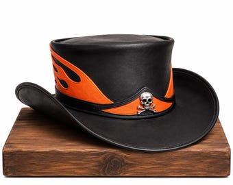 Handmade Black Leather Top Hat Flame Design Skull Accent Western Biker Hat Motorcycle Festival Costume Hat Biker Rockabilly Style
