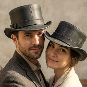 Haut-de-forme en cuir noir, fait main, style victorien, pour hommes et femmes. Coiffe classique d'inspiration steampunk, accessoire idéal pour Halloween ou Noël.
