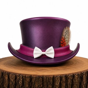 Handmade Purple Steampunk Leather Top Hat Mad Hatter Gothic Costume Accessory Victorian Gothic Topper Feather Unique Fantasy Cosplay Hat Handmade Purple Steampunk Leather Top Hat Mad Hatter Gothic Costume Accessory Victorian Gothic Topper Feather Unique Fantasy Cosplay Hat