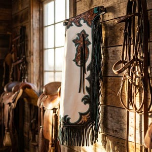 Puede incluir: Un par de chaps de cuero blanco con intrincados detalles y flecos, colgados en una pared de madera. Los chaps presentan un diseño de cruz decorativo y están acentuados con adornos turquesa y negro. Tema ecuestre.