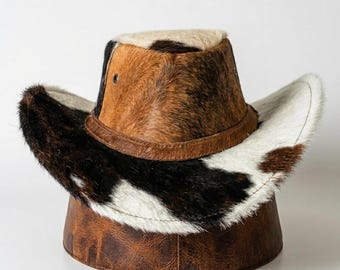 Tricolor Cowhide Cowboy Hat Genuine Hair on Hide Leather Hat Band Handmade Cow Skin Hat Sombrero Luxury Steampunk Hat Custom Cowboy Hat