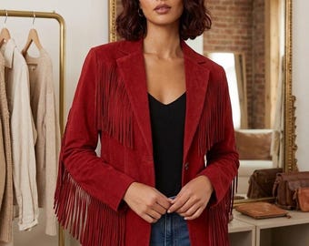 Damska kurtka skórzana w stylu vintage z zamszu i frędzlami, skórzana kurtka w stylu western, ręcznie robiona kurtka damska, strój kowbojki w stylu boho, wyjątkowy prezent dla niej