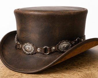 Handmade Brown Leather Top Hat Studded Western Steampunk Hat Silver Concho Gothic Festival Headwear Unique Unisex Gift