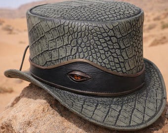 Green Wax Hat Gray Leather Croc Hat Gothic Steampunk Hat Renaissance Dragon Cosplay Burning Man Accessory Dark Carnival Gear