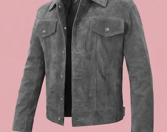 Vintage Trucker Leather Suede Jacket Men - Handmade Denim