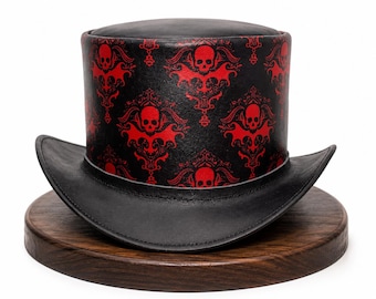 Handmade Gothic Skull Leather Top Hat Red Damask Steampunk Hat Handcrafted Halloween Pirate Costume Festival Cosplay Headwear Gift