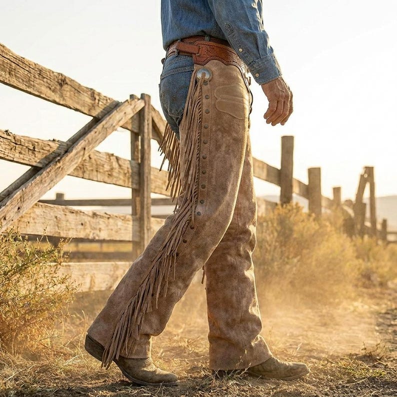 Handmade Brown Suede Western Chaps Leather Cowboy Chap Ranch Wear Gear ...