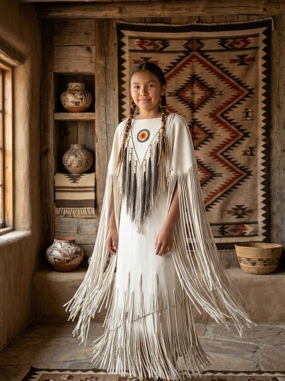 Womens White Handmade Suede Beaded Fringe Leather Dress Maxi Wedding Outfit Native Inspired Powwow Regaliav Indigenous Inspired