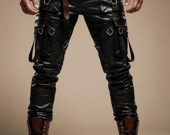 Pantaloni cargo da uomo in pelle nera, pantaloni tattici da motociclista con cinturino, stile punk rock streetwear, vestibilità slim, jeans in pelle gotici utility, pantaloni da motociclista
