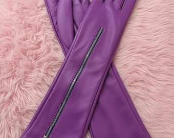 Handmade Leather Gloves Long Nappa Leather Gloves with Red Silk Lining and Zipper Detail Winter Gloves  Leather Gloves Luxury Leather