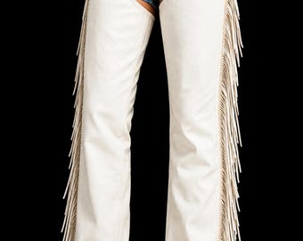 Handmade Women White Leather Fringe Chaps Western Rodeo Show Costume Bachelorette Party Festival Wear Unique Cowgirl Gift