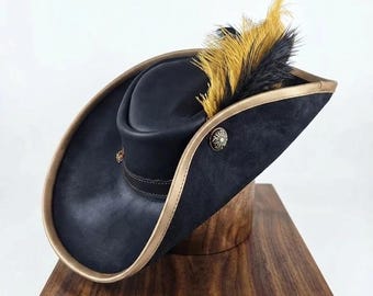Handmade Black D'Artagnan Leather Musketeer hat Black and GOLD feathers Hat Pirate Cavalier Hat Red Trim Renaissance Hat
