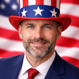May include: A person wearing a red, white, and blue Uncle Sam hat, blue suit, and red tie. The background shows an American flag.
