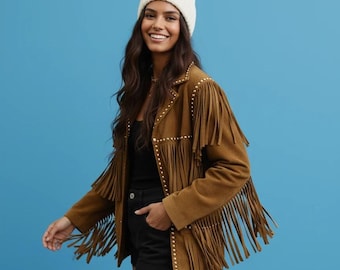 Women’s Brown Suede Fringe Leather Jacket Vintage Western Style Cowgirl Jacket Tan Ladies Leather Coat Festival Fashion Outfit