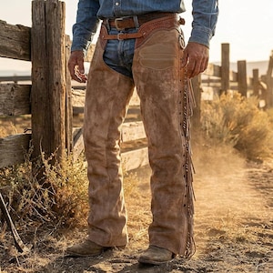 Puede incluir: Chaps de ante marrón con detalles de flecos y remaches decorativos. Los chaps se llevan con un cinturón de cuero marrón y vaqueros. La imagen está tomada al aire libre, con una valla de madera al fondo.