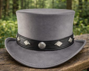 Handcrafted Silver Leather Top Hat Studded Western Hat with Silver Conchos  Premium Genuine Leather Headwear Biker & Outback Style Rodeo Hat