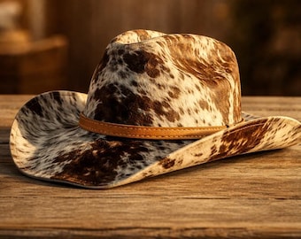 Cowhide Cowboy Hat Genuine Hair on Hide Wide Brim Western Steampunk Sombrero Hat Handmade Brindle Cow Skin Unique Gift for Her
