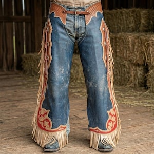 Peut inclure: Chaps en jean bleu avec des détails en cuir marron et des franges. Les chaps présentent des motifs décoratifs rouges et beiges sur les côtés et le bas. Une ceinture en cuir marron avec une boucle est visible à la taille.