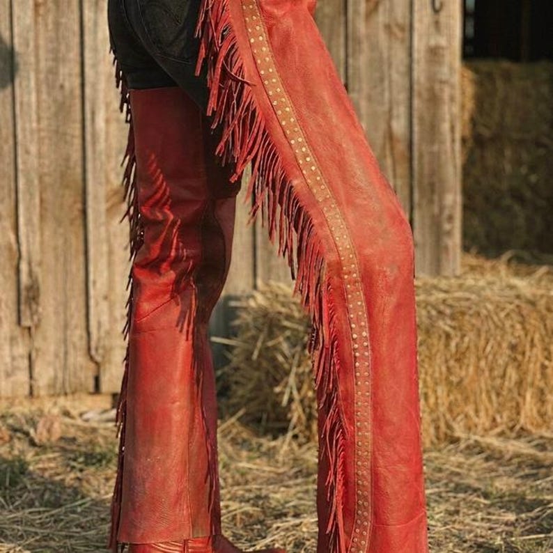 Native Chaps Handmade Red Leather Chaps Native American Cowgirl Style Suede Leather ...