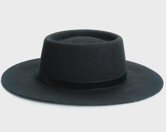 Black Wool Wide Brim Fedora Hat Stiff Felt Flat Crown Boater Style Hat for Men Women Winter Hat Wedding Accessory Groomsman Gift